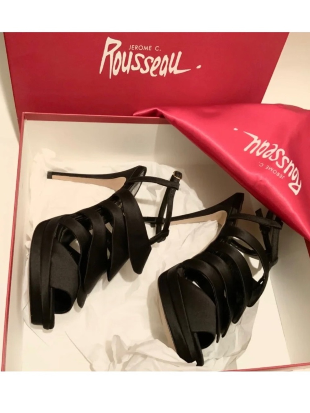 Jerome C. Rousseau Quorra Luxury Black Satin Strap Platform Stiletto Sandal 39.5